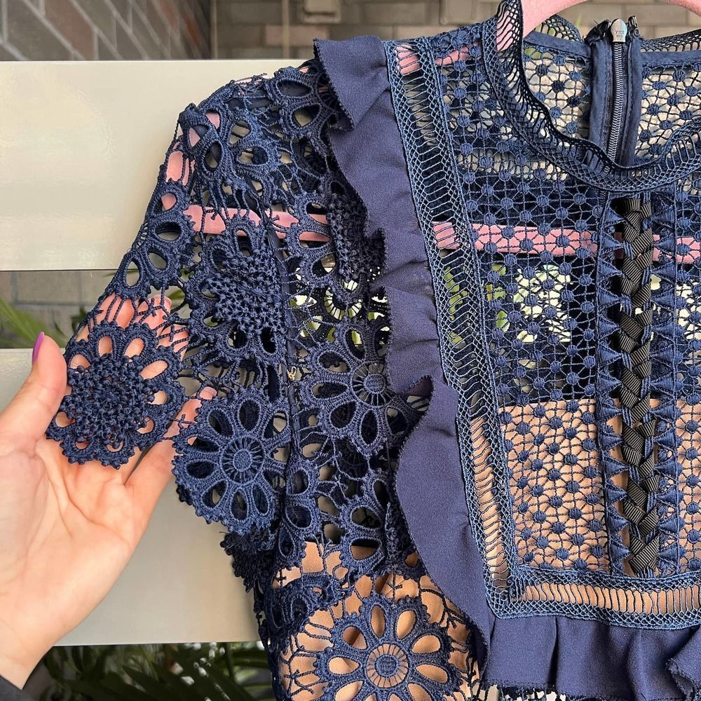 Self-Portrait Navy Floral Crochet Mini Dress with Black Waist Detail - Picture 7 of 14